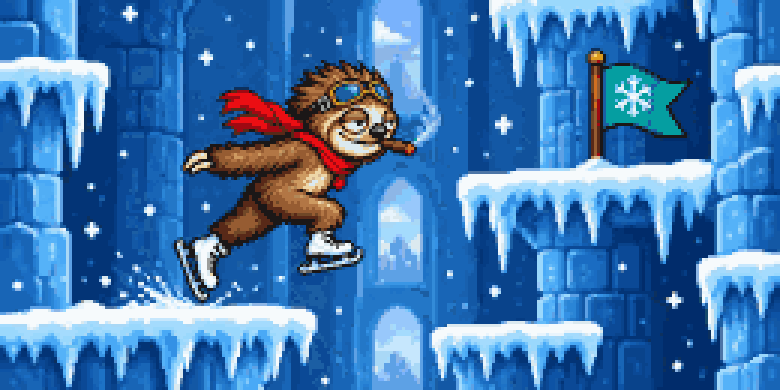 A chill, cigarillo-smoking sloth on ice skates leaping between icy ledges toward a checkpoint flag